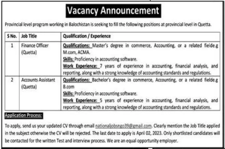 Proviancial Level Program Quetta Balochistan Jobs 2023 – Public Sector Organization Jobs 2023 — original advertisement