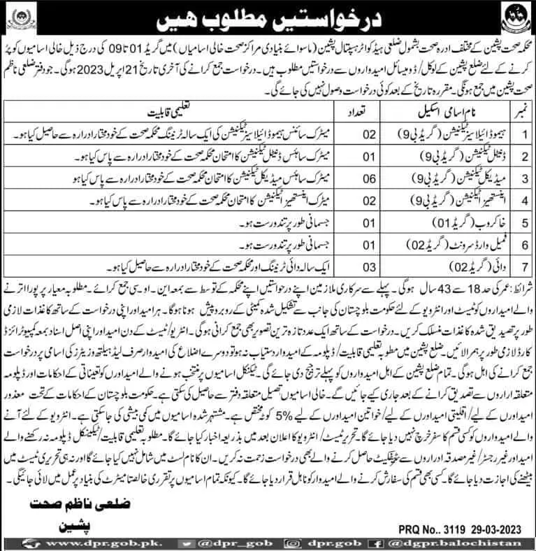 Health Department Pishin Balochistan Jobs 2023 – Health Department Balochsitan Jobs 2023 — original advertisement
