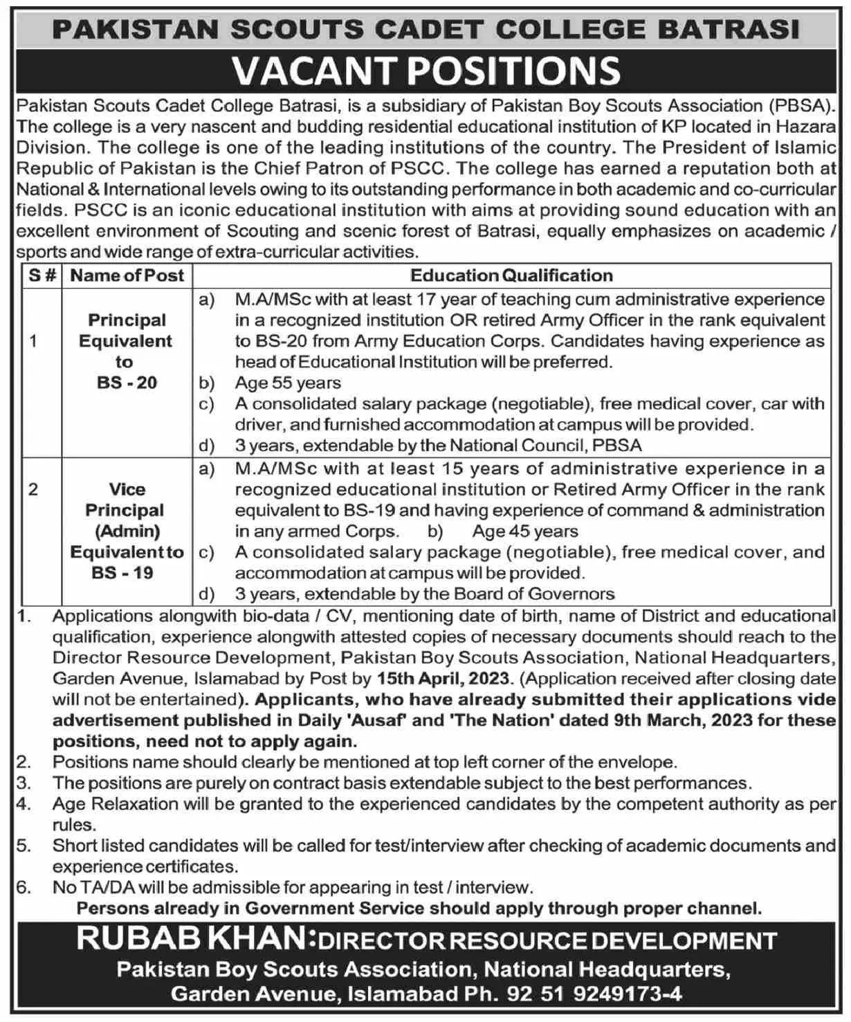 Pakistan Scouts Cadet College Batrasi Jobs 2023 – Pakistan Scouts Cadet College Batrasi Mansehra Jobs 2023 — original advertisement