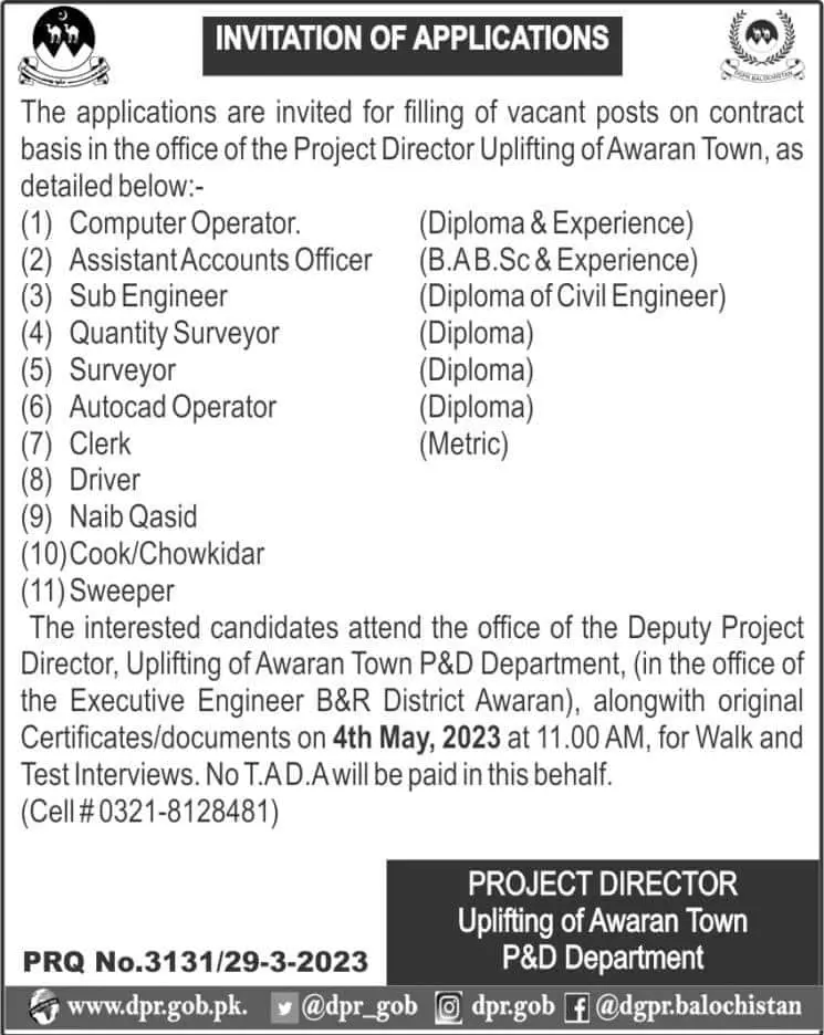 Planning and Development Department Awaran Jobs 2023 – Planning and Development Department Balochistan Jobs 2023 — original advertisement
