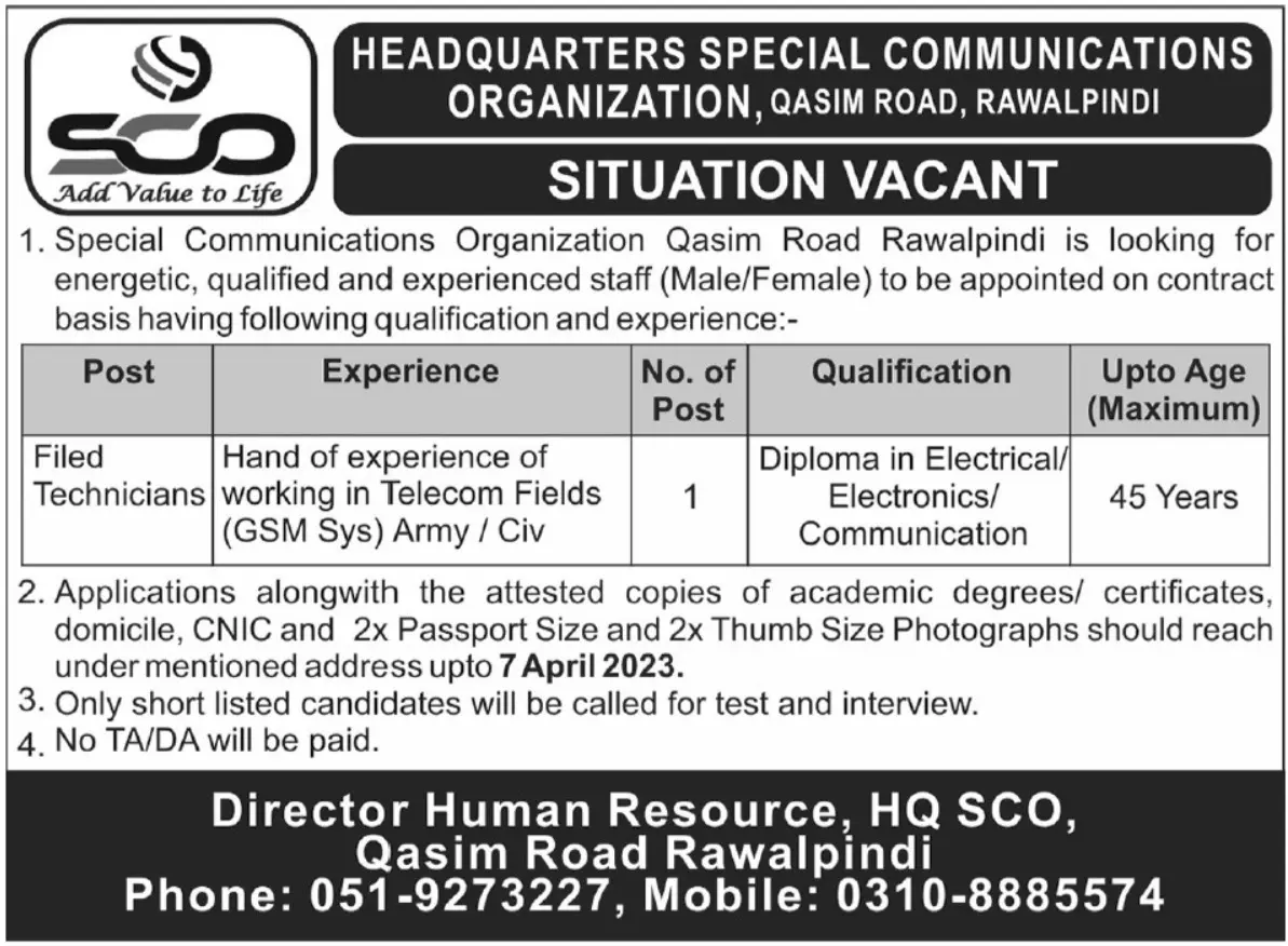 Special Communications Organization SCO Jobs 2023 – Special Communication Organization Jobs 2023 — original advertisement
