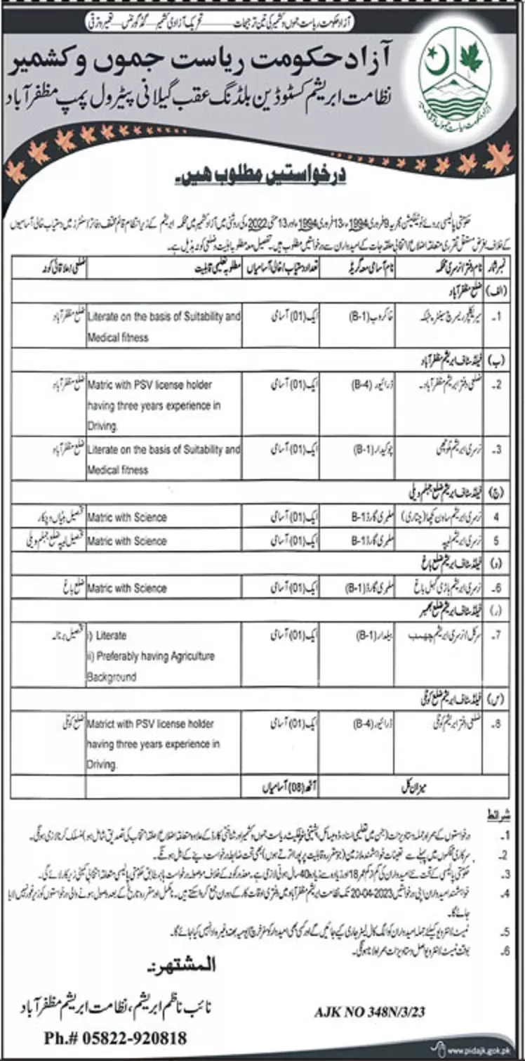 Directorate of Sericulture Azad Jammu Kashmir Jobs 2023 – Govt of Azad Kashmir Jobs 2023 — original advertisement