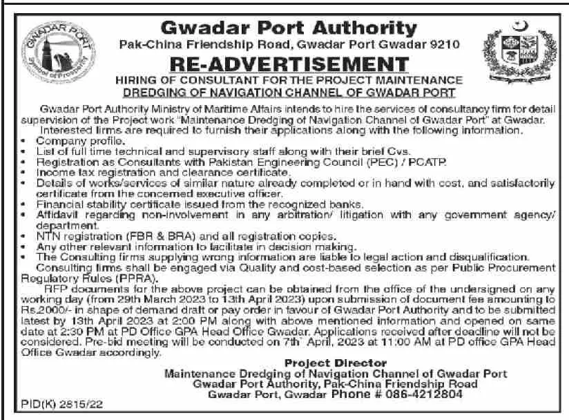 Gwadar Port Authority GPA Jobs 2023 Jobs 2023 — original advertisement