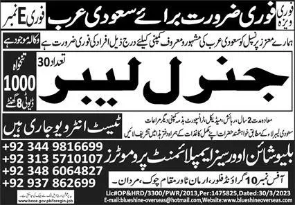 General Labor Jobs 2023 in Saudi Arabia – Blue Shine Overseas Jobs 2023 — original advertisement