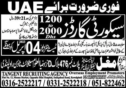 Security Guards Jobs Open in UAE 2023 – Mughal Trade Test & Technical Training Center Jobs 2023 — original advertisement