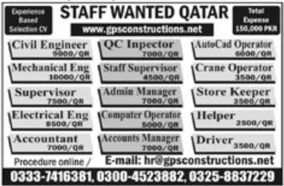 Civil Engineer and QC Inspector jobs in Qatar 2023 – GPS Construction Industrial Jobs 2023 — original advertisement