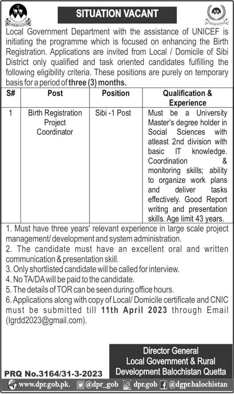 Local Government Department Balochistan Jobs 2023 – Local Government and Rural Development Department Balochistan Jobs 2023 — original advertisement
