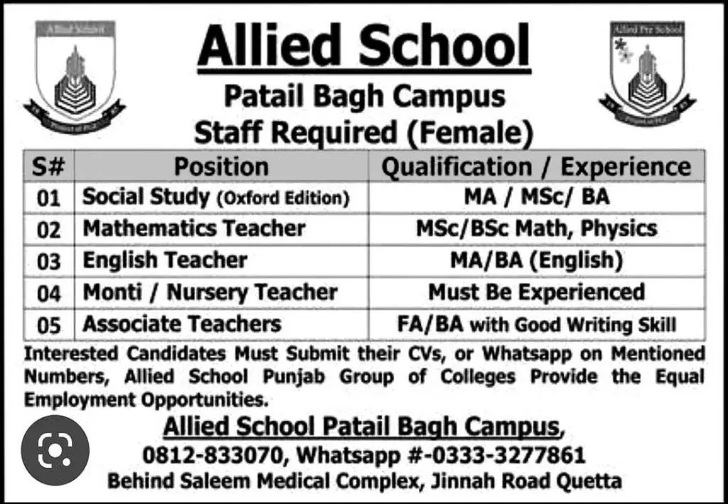 Allied School Patil Bagh Quetta Campus Jobs 2023 – Allied School System Jobs 2023 — original advertisement