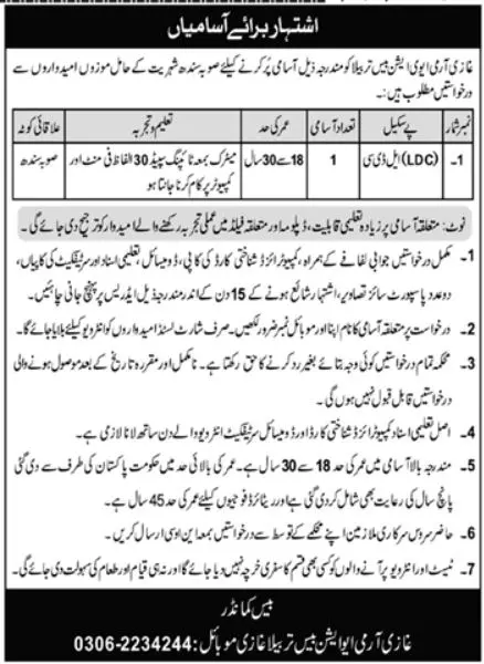 Ghazi Army Aviation Base Tarbela Ghazi Jobs 2023 – Pakistan Army Jobs 2023 — original advertisement