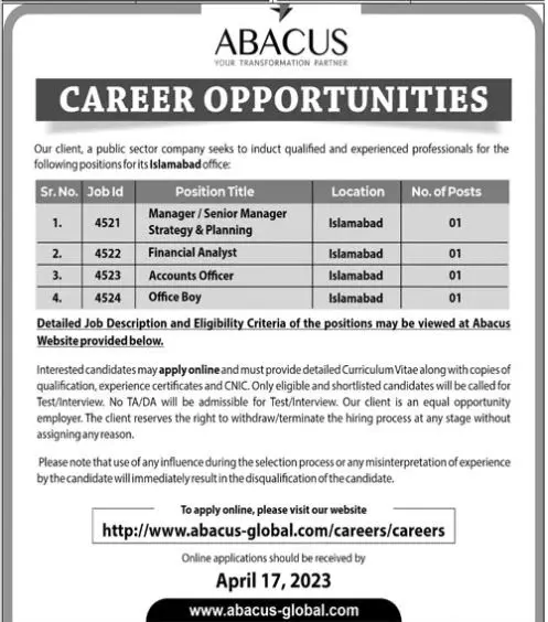 Abacus Global Islamabad Jobs 2023 – Private Company Jobs 2023 — original advertisement