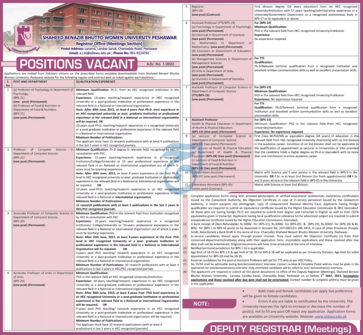 Shaheed Benazir Bhutto Women University Peshawar Jobs 2023 Jobs 2023 — original advertisement