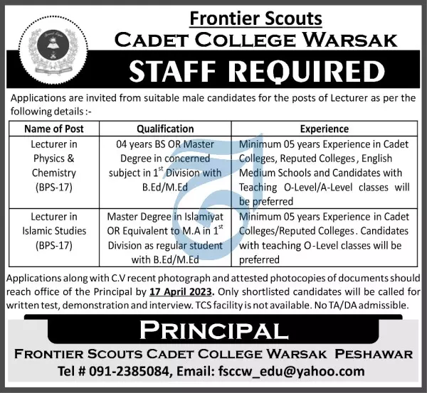 Cadet College Warsak Peshawar Jobs 2023 Jobs 2023 — original advertisement