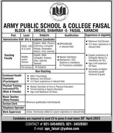 Army Public School & College Faisal Karachi Jobs 2023 – Army Public School & College Paksitan Jobs 2023 — original advertisement