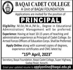BAQAI Cadet College Karachi Jobs 2023 Jobs 2023 — original advertisement