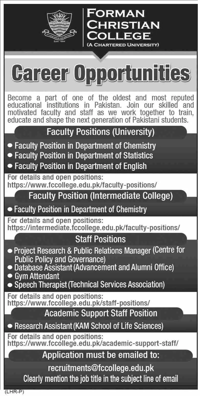 Forman Christian College Lahore Jobs 2023 Jobs 2023 — original advertisement