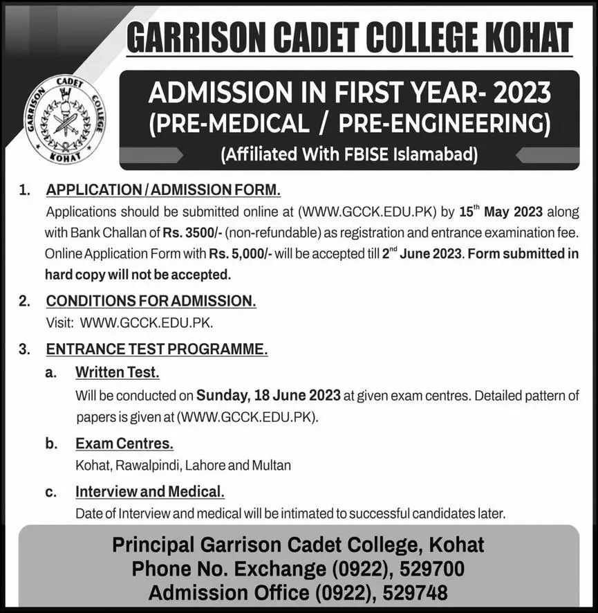 Garrison Cadet College Kohat Admissions 2023 Admissions 2023 — original advertisement