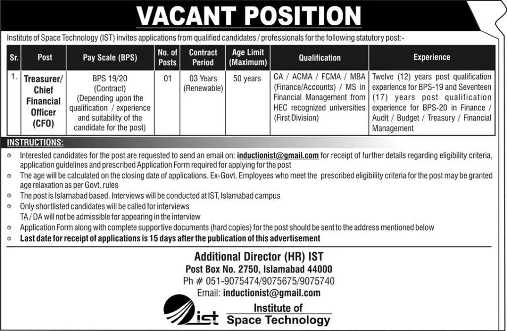 Institute of Space Technology IST Islamabad Jobs 2023 – Institute of Space Technology ITS Islamabad Jobs 2023 — original advertisement