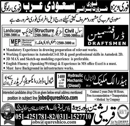 Draftsman and hydraulic mechanic Jobs in Saudi Arabia 2023 – Qureshi Manpower Bureau Jobs 2023 — original advertisement
