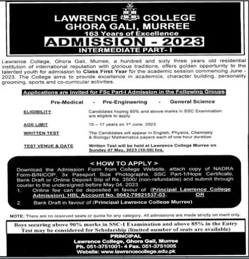 Lawrence College Ghora gali Murree Admissions 2023 Admissions 2023 — original advertisement