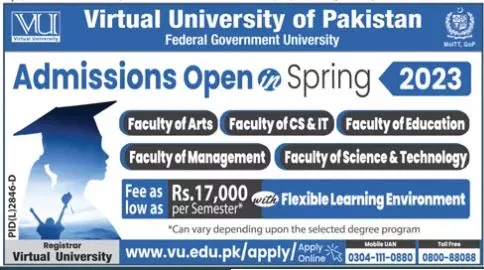 virtual University of Pakistan Admissions 2023 Admissions 2023 — original advertisement