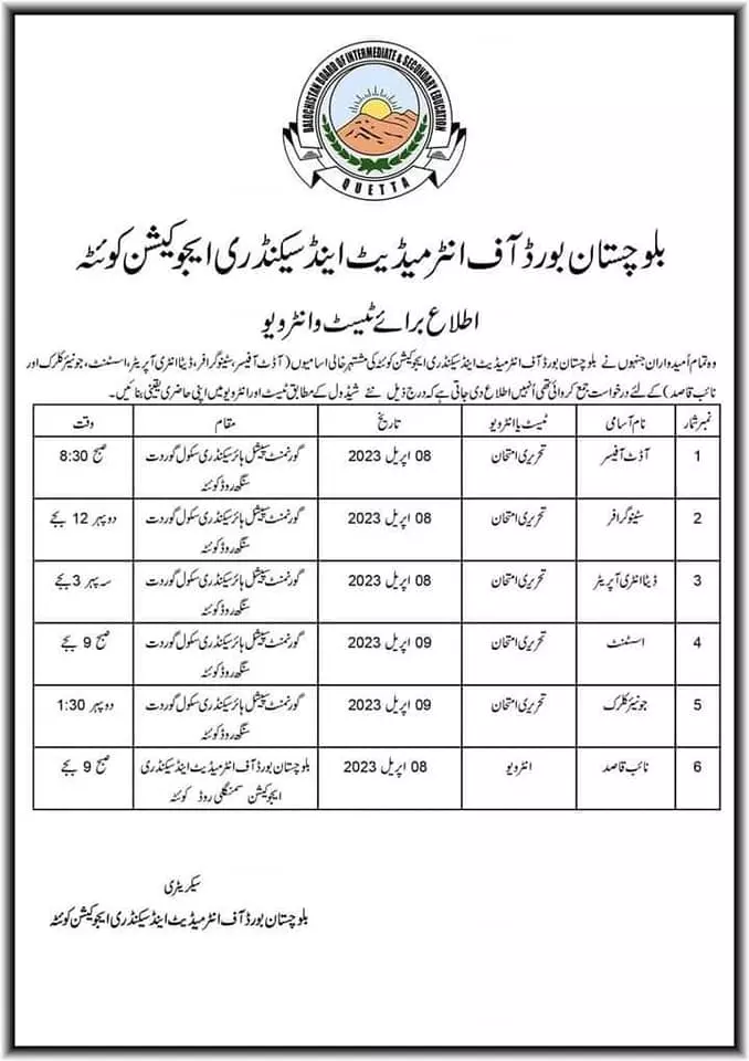 Balochistan Board of Intermediate & Education Test Interview – Balochistan Board of Intermediate & Secondary Education Quetta Balochistan Jobs 2023 — original advertisement