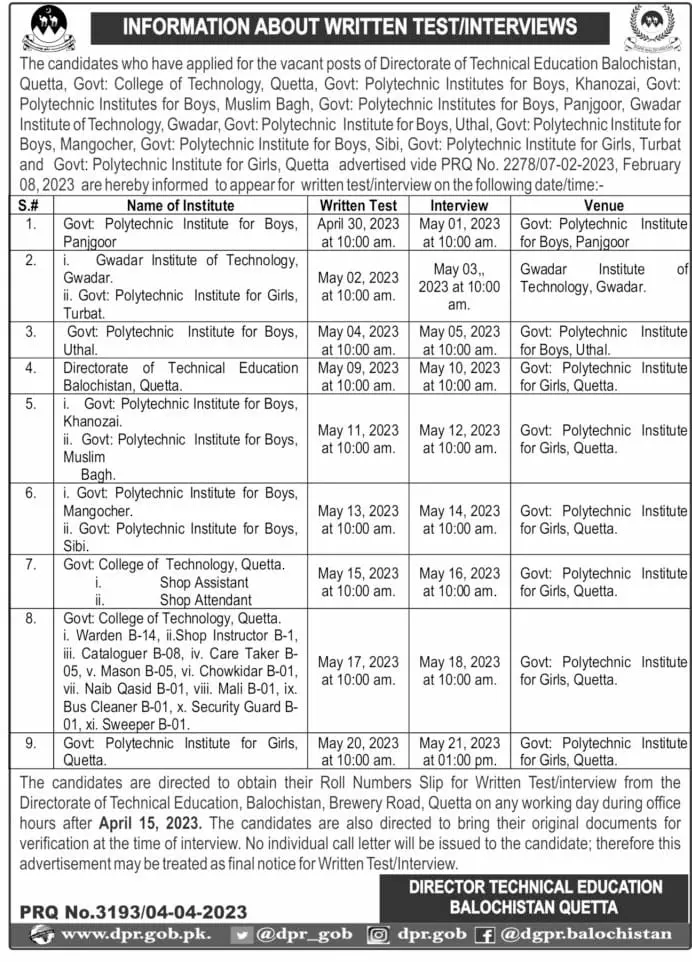 Technical Education Balochistan has scheduled test interview – Education Department Balochsitan Jobs 2023 — original advertisement