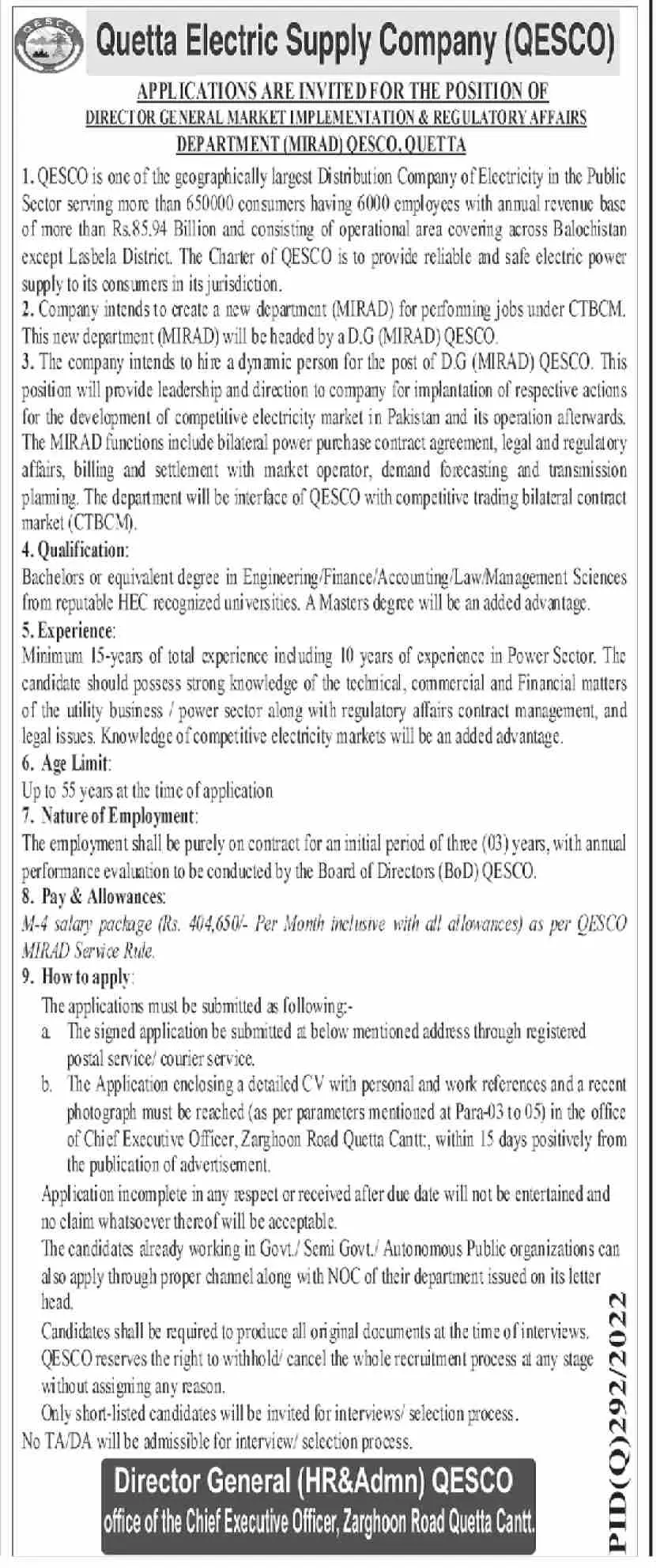 Quetta Electric Supply Company QESCO Jobs 2023 Jobs 2023 — original advertisement