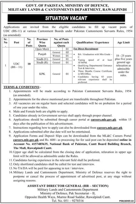 Military Lands and Cantonment Department Jobs 2023 – Ministry of Defence Pakistan Jobs 2023 — original advertisement