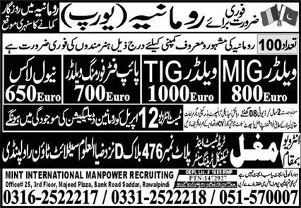 TIG Welder & Pipe Fitter Forming Welder Jobs 2023 – Mint International Manpower Recruitment Jobs 2023 — original advertisement