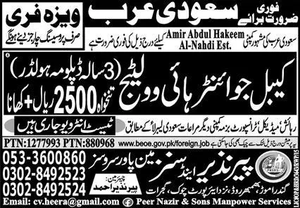 Cable Jointer High Voltage Jobs 2023 in Saudi Arabia – Peer Nazir and Sons Manpower Services Jobs 2023 — original advertisement