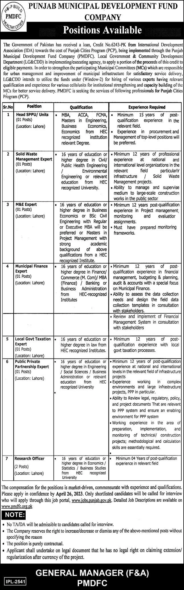 Punjab Municipal Development Fund Company Jobs 2023 Jobs 2023 — original advertisement