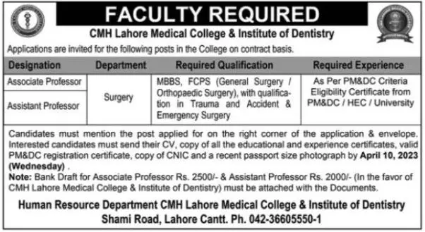 Faculty required CMH Lahore Medical College 2023 – Combined Military Hospital CMH Jobs 2023 — original advertisement