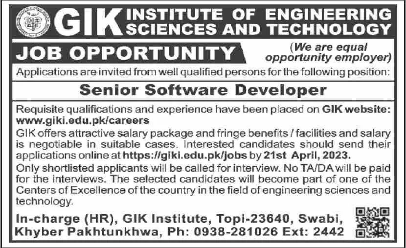 GIK Institute of Engineering Science GIKI Jobs 2023 – Ghulam Ishaq Khan GIK Institute of Engineering Sciences and Technology Swabi Jobs 2023 — original advertisement