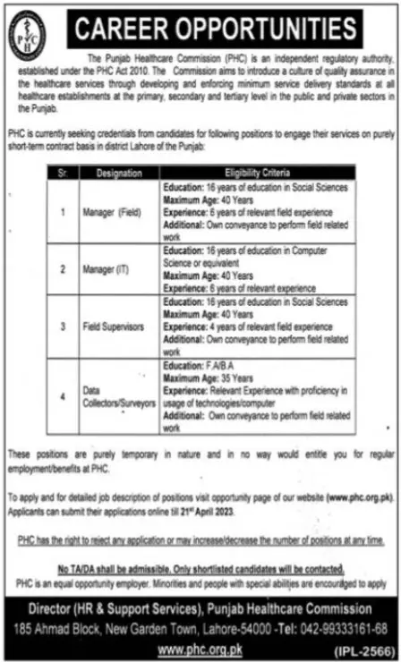 Punjab Healthcare Commission PHC Jobs 2023 Jobs 2023 — original advertisement
