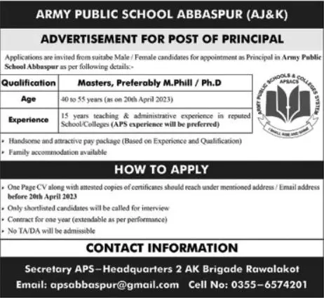 Army Public School Abbaspur Rawalakot Jobs 2023 – Army Public School & College Paksitan Jobs 2023 — original advertisement