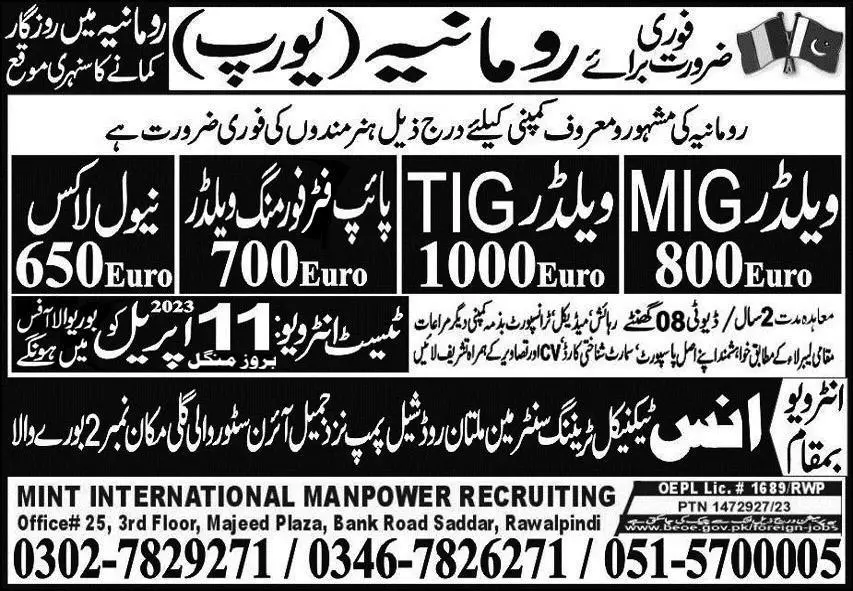 MIG Welder & Pipe Fitter Forming Welder Jobs 2023 in Romania – Mint International Manpower Recruitment Jobs 2023 — original advertisement