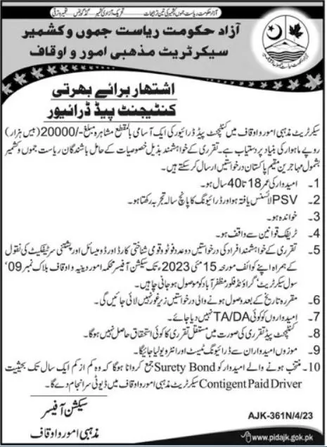 Secretariat Religious Affairs and Auqaf AJK Jobs 2023 – Ministry of Religious Affairs and Interfaith Harmony Pakistan Jobs 2023 — original advertisement