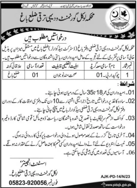 Local Government and Rural Development Bagh AJK Jobs 2023 – Local Govt Department Ajk Jobs 2023 — original advertisement