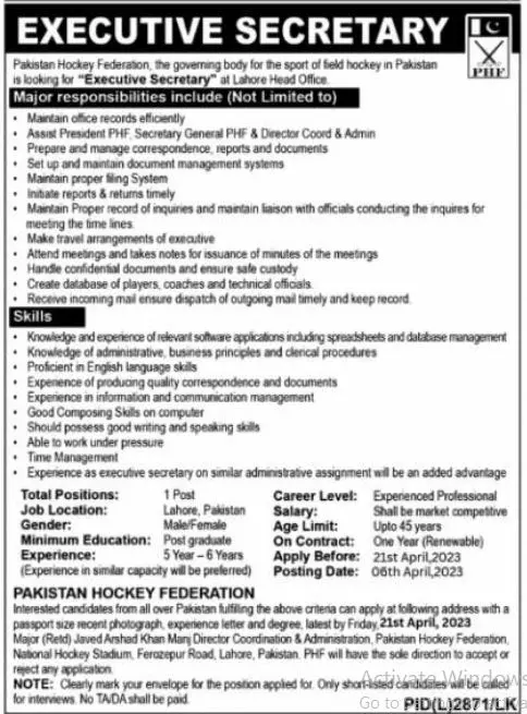 Pakistan Hockey Federation PHF Jobs 2023 Jobs 2023 — original advertisement