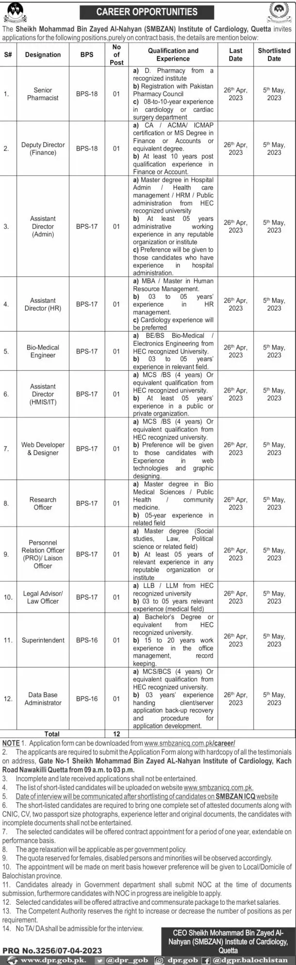 Sheikh Muhammad Bin Zayed Al Nahyan Hospital SMBZAN Jobs – Sheikh Mohammad Bin Zayed Al Nahyan SMBZAN Institute of Cardiology Jobs 2023 — original advertisement