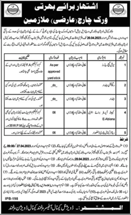 Canal Division Panjnad Bahawalpur Jobs 2023 – Irrigation Department Punjab Jobs 2023 — original advertisement