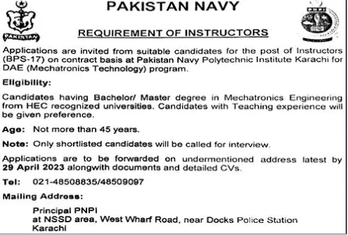 Pakistan Navy Instructor Jobs 2023 Jobs 2023 — original advertisement