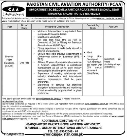Pakistan Civil Aviation Authority Jobs 2023 – Pakistan Civil Aviation Authority (CAA) Jobs 2023 — original advertisement