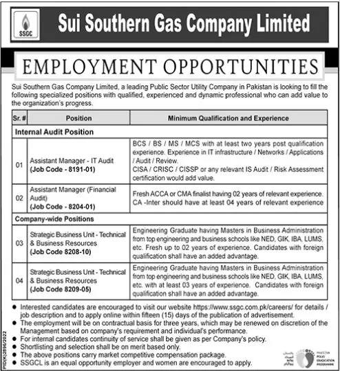 Sui Southern Gas Company Limited Jobs 2023 Jobs 2023 — original advertisement