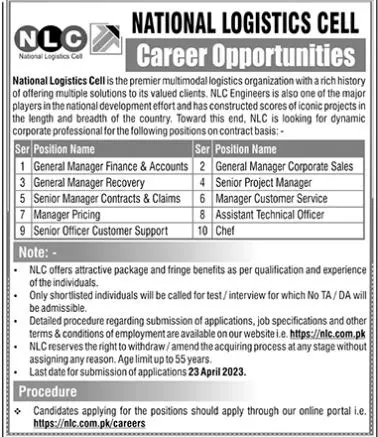 National Logistics Cell NLC Jobs 2023 – National Logistic Cell Rawalpindi Jobs 2023 — original advertisement