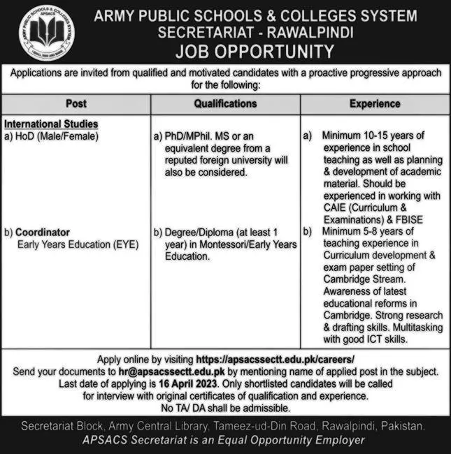 Army public school and colleges System Rawalpindi Jobs 2023 – Army Public School & College Paksitan Jobs 2023 — original advertisement
