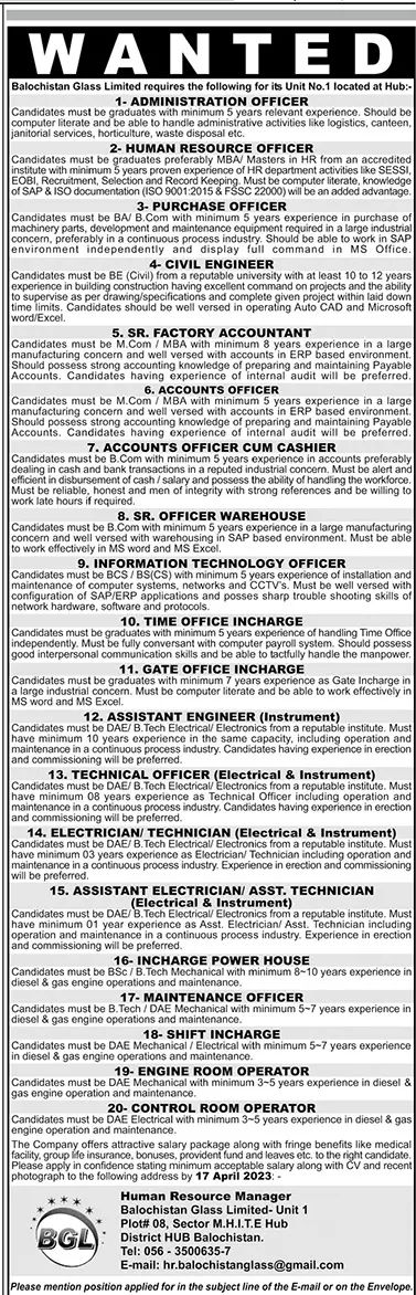 Balochistan Glass Limited Hub Jobs 2023 Jobs 2023 — original advertisement