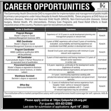 Community Health Directorate CHO Jobs 2023 – Indus Hospital Jobs 2023 — original advertisement