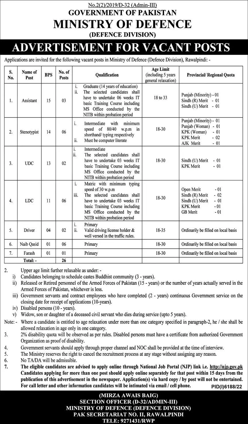 Ministry of Defence Jobs 2023 – Ministry of Defence Pakistan Jobs 2023 — original advertisement