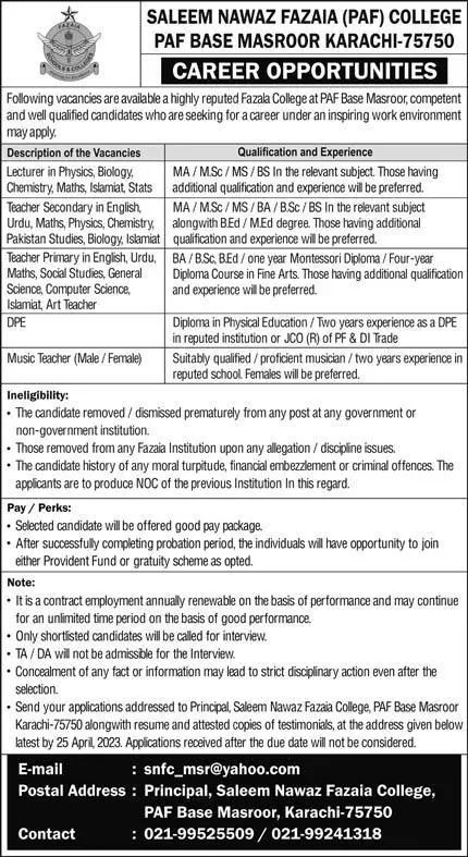Saleem Nawaz Paf College Karachi Jobs 2023 – Pakistan Army Jobs 2023 — original advertisement